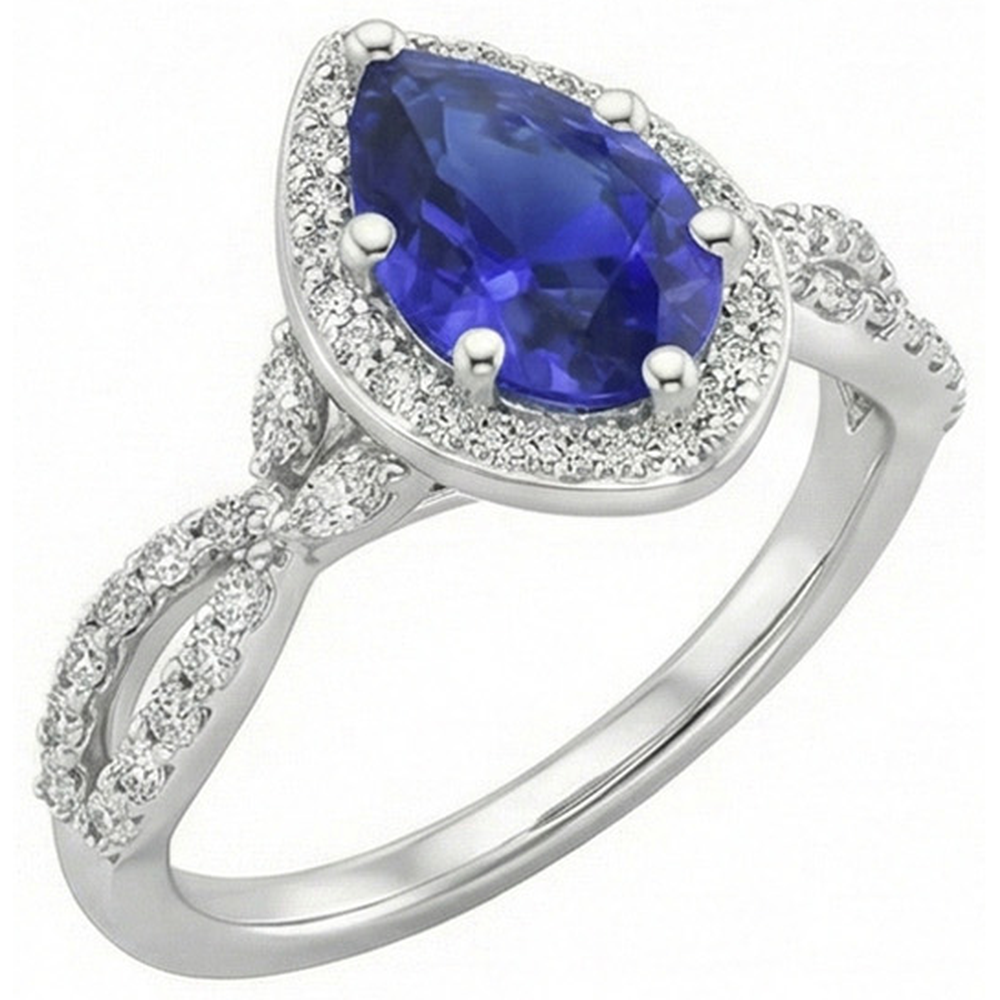 Halo Ring Twist Style Pear Ceylon Sapphire & Natural Earth Mined Diamonds 3.50 Carats