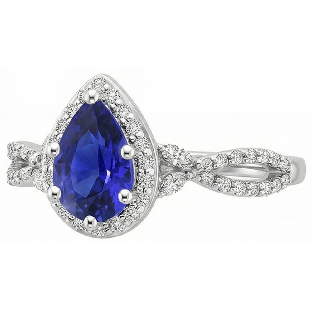Halo Ring Twist Style Pear Ceylon Sapphire & Natural Earth Mined Diamonds 3.50 Carats