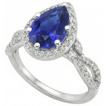 Halo Ring Twist Style Pear Ceylon Sapphire & Natural Earth Mined Diamonds 3.50 Carats