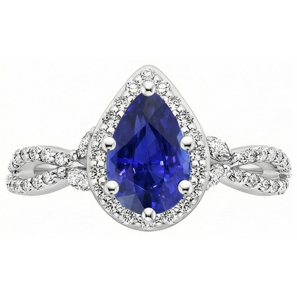 Halo Ring Twist Style Pear Ceylon Sapphire & Natural Earth Mined Diamonds 3.50 Carats