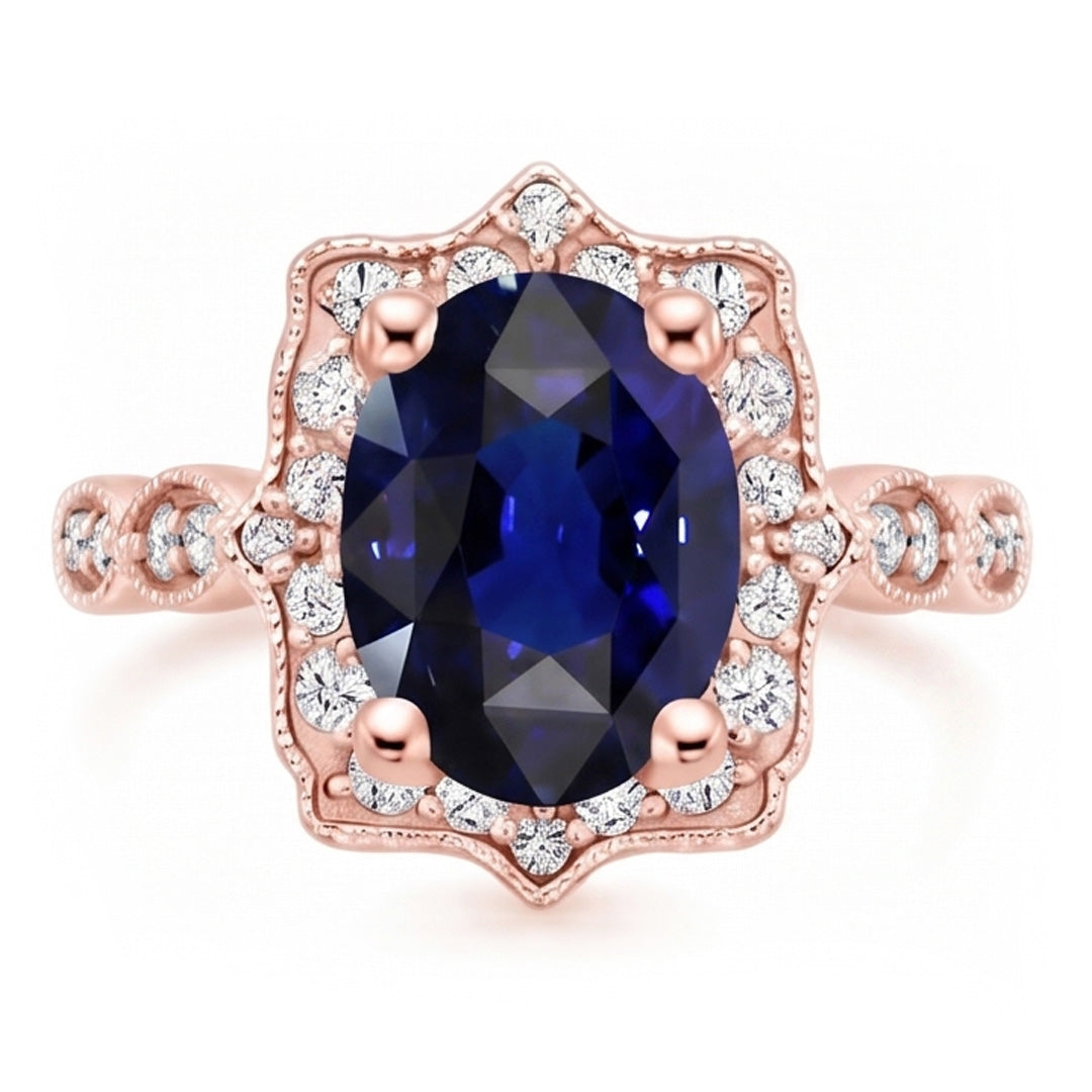 Halo Ring Vintage Style Oval Ceylon Sapphire & Natural Earth Mined Diamonds 3.75 Carats