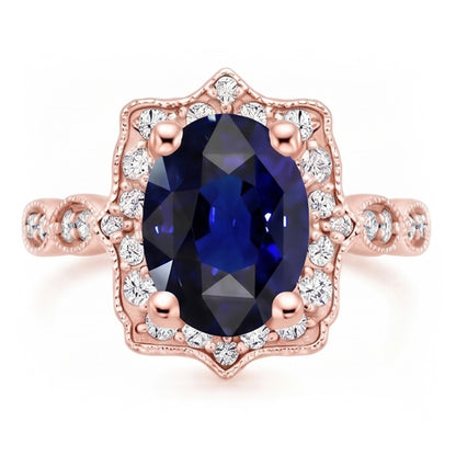 Halo Ring Vintage Style Oval Ceylon Sapphire & Natural Earth Mined Diamonds 3.75 Carats