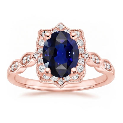Halo Ring Vintage Style Oval Ceylon Sapphire & Natural Earth Mined Diamonds 3.75 Carats