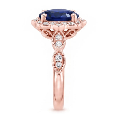 Halo Ring Vintage Style Oval Ceylon Sapphire & Natural Earth Mined Diamonds 3.75 Carats