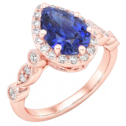 Halo Ring Vintage Style Pear Blue Sapphire & Natural Earth Mined Diamonds 4 Carats