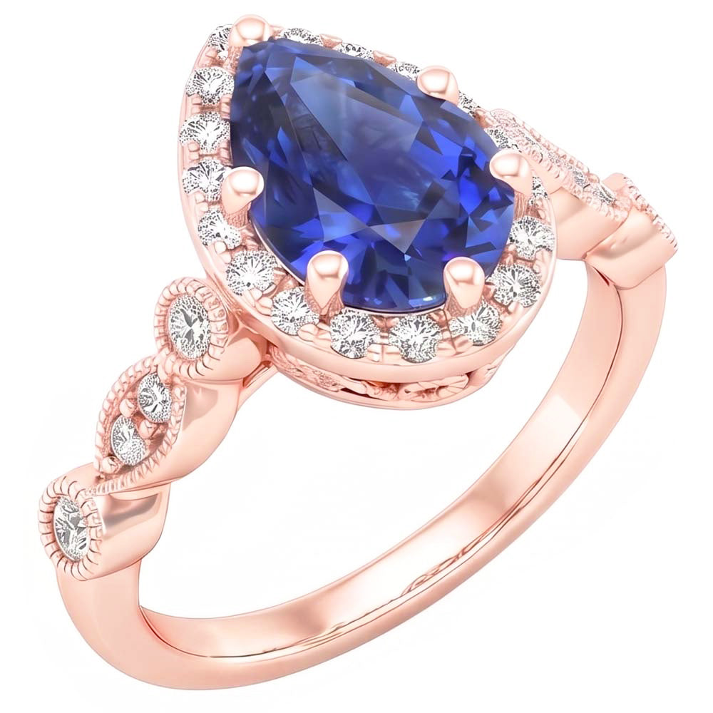 Halo Ring Vintage Style Pear Blue Sapphire & Natural Earth Mined Diamonds 4 Carats