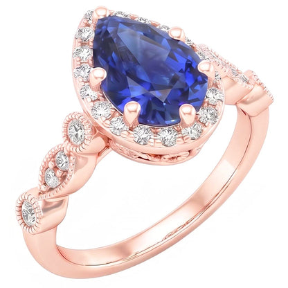 Halo Ring Vintage Style Pear Blue Sapphire & Natural Earth Mined Diamonds 4 Carats