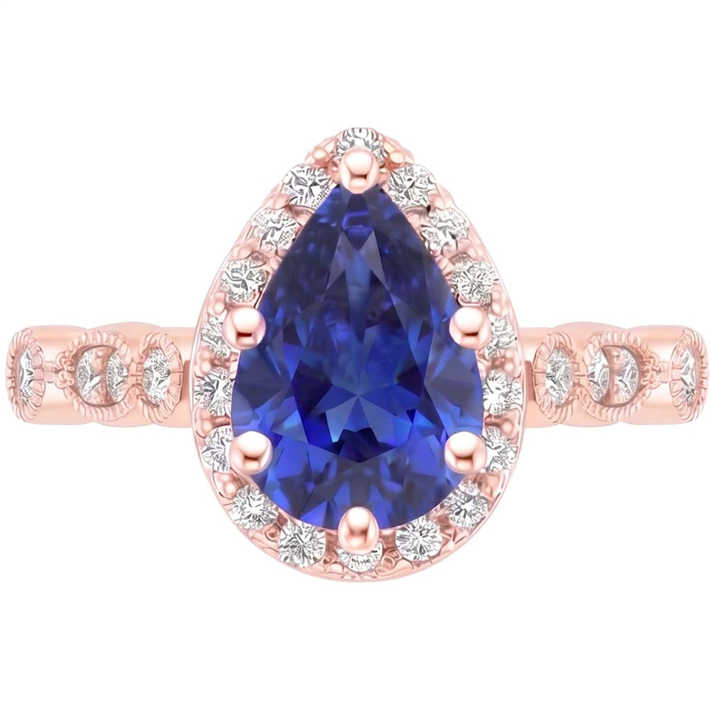 Halo Ring Vintage Style Pear Blue Sapphire & Natural Earth Mined Diamonds 4 Carats