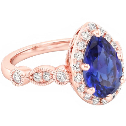 Halo Ring Vintage Style Pear Blue Sapphire & Natural Earth Mined Diamonds 4 Carats
