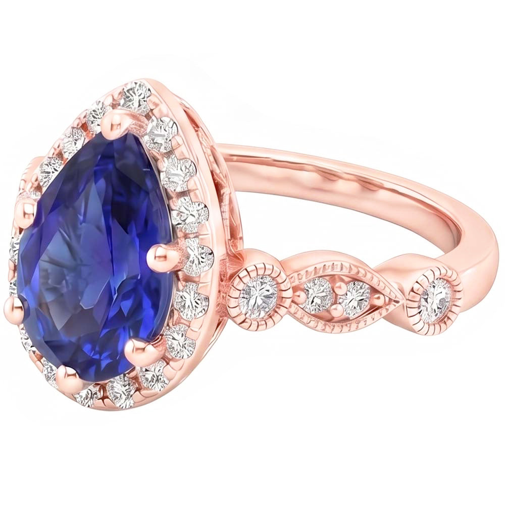 Halo Ring Vintage Style Pear Blue Sapphire & Natural Earth Mined Diamonds 4 Carats