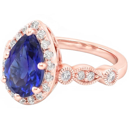 Halo Ring Vintage Style Pear Blue Sapphire & Natural Earth Mined Diamonds 4 Carats