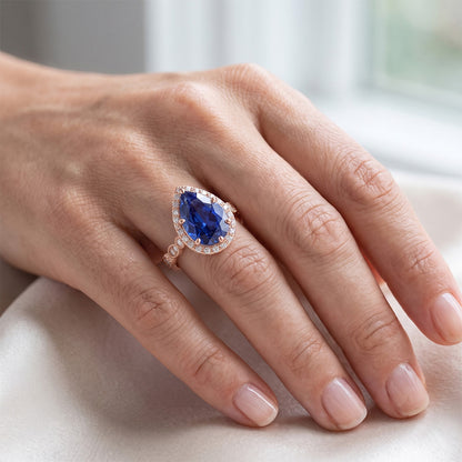 Halo Ring Vintage Style Pear Blue Sapphire & Natural Earth Mined Diamonds 4 Carats
