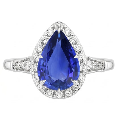 Halo Ring Vintage Style Pear Sri Lankan Sapphire & Natural Earth Mined Diamonds 3.50 Carats