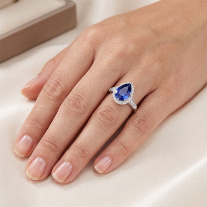 Halo Ring Vintage Style Pear Sri Lankan Sapphire & Natural Earth Mined Diamonds 3.50 Carats