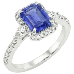 Halo Ring White Gold 14K Emerald Blue Sapphire & Natural Earth Mined Diamond 4.25 Carats