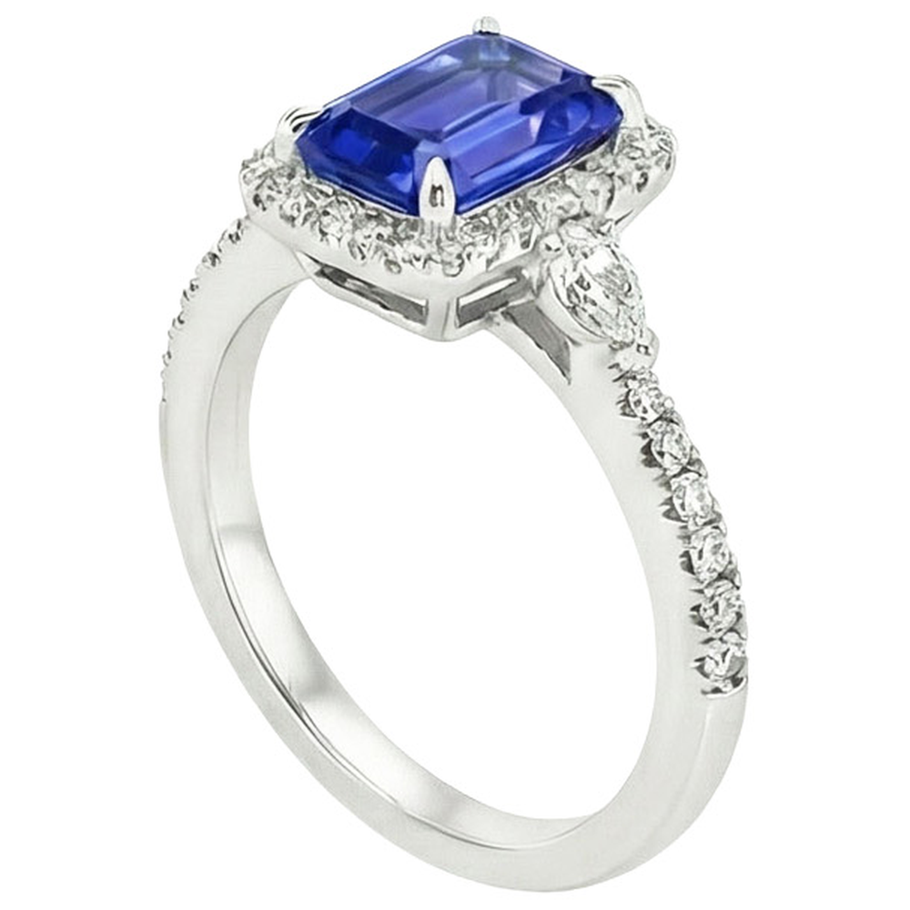 Halo Ring White Gold 14K Emerald Blue Sapphire & Natural Earth Mined Diamond 4.25 Carats