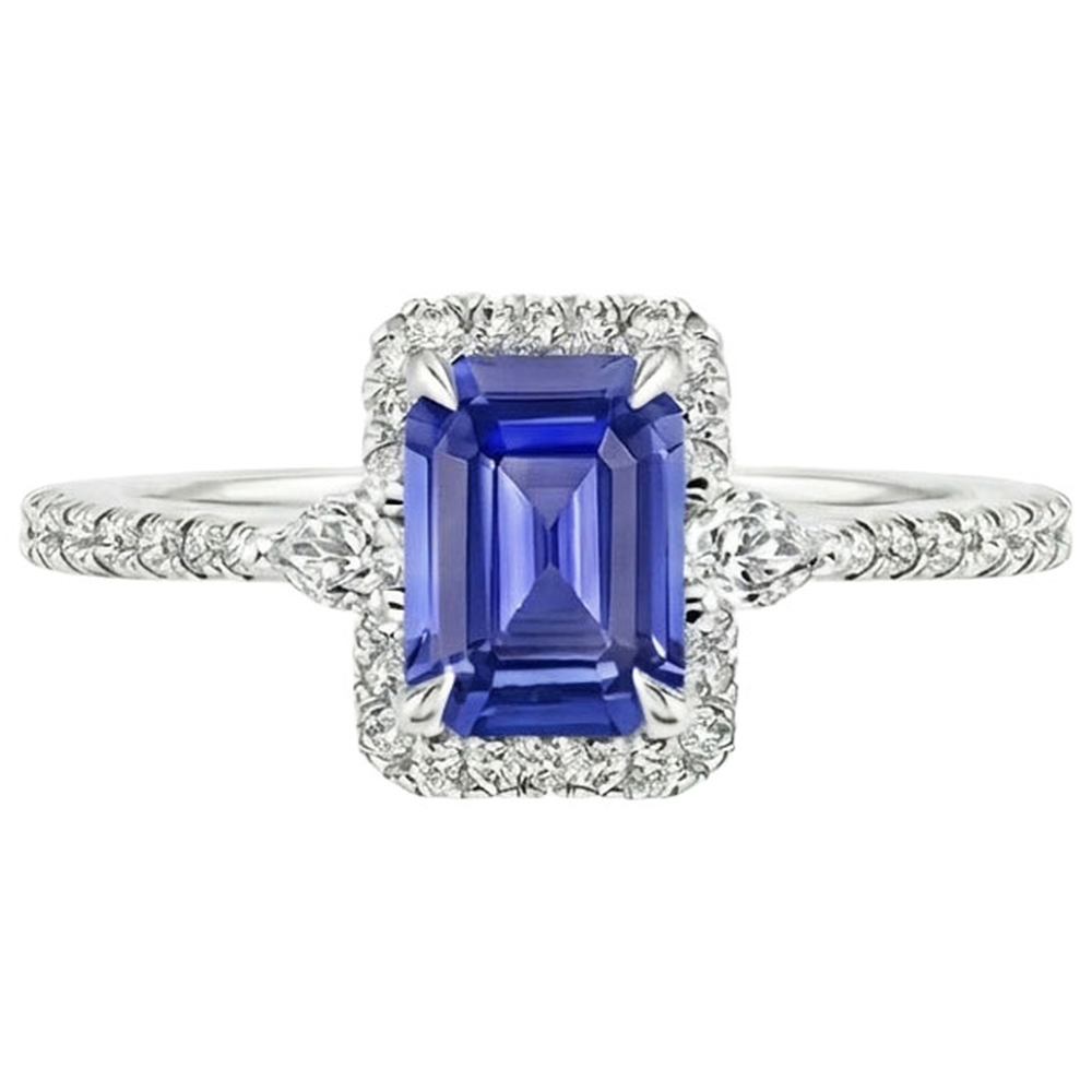 Halo Ring White Gold 14K Emerald Blue Sapphire & Natural Earth Mined Diamond 4.25 Carats