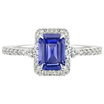 Halo Ring White Gold 14K Emerald Blue Sapphire & Natural Earth Mined Diamond 4.25 Carats