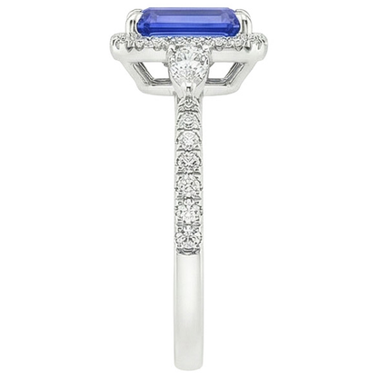 Halo Ring White Gold 14K Emerald Blue Sapphire & Natural Earth Mined Diamond 4.25 Carats