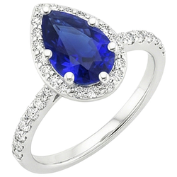 Halo Ring White Gold 14K Pear Ceylon Sapphire & Natural Earth Mined Diamonds 3.75 Carats