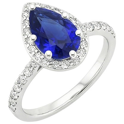 Halo Ring White Gold 14K Pear Ceylon Sapphire & Natural Earth Mined Diamonds 3.75 Carats