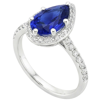 Halo Ring White Gold 14K Pear Ceylon Sapphire & Natural Earth Mined Diamonds 3.75 Carats