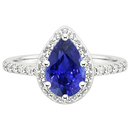Halo Ring White Gold 14K Pear Ceylon Sapphire & Natural Earth Mined Diamonds 3.75 Carats