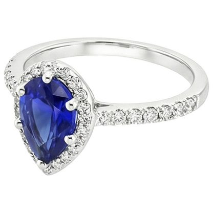 Halo Ring White Gold 14K Pear Ceylon Sapphire & Natural Earth Mined Diamonds 3.75 Carats