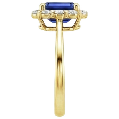 Halo Ring Yellow Gold 14K Ceylon Sapphire & Natural Earth Mined Diamond 4.25 Carats