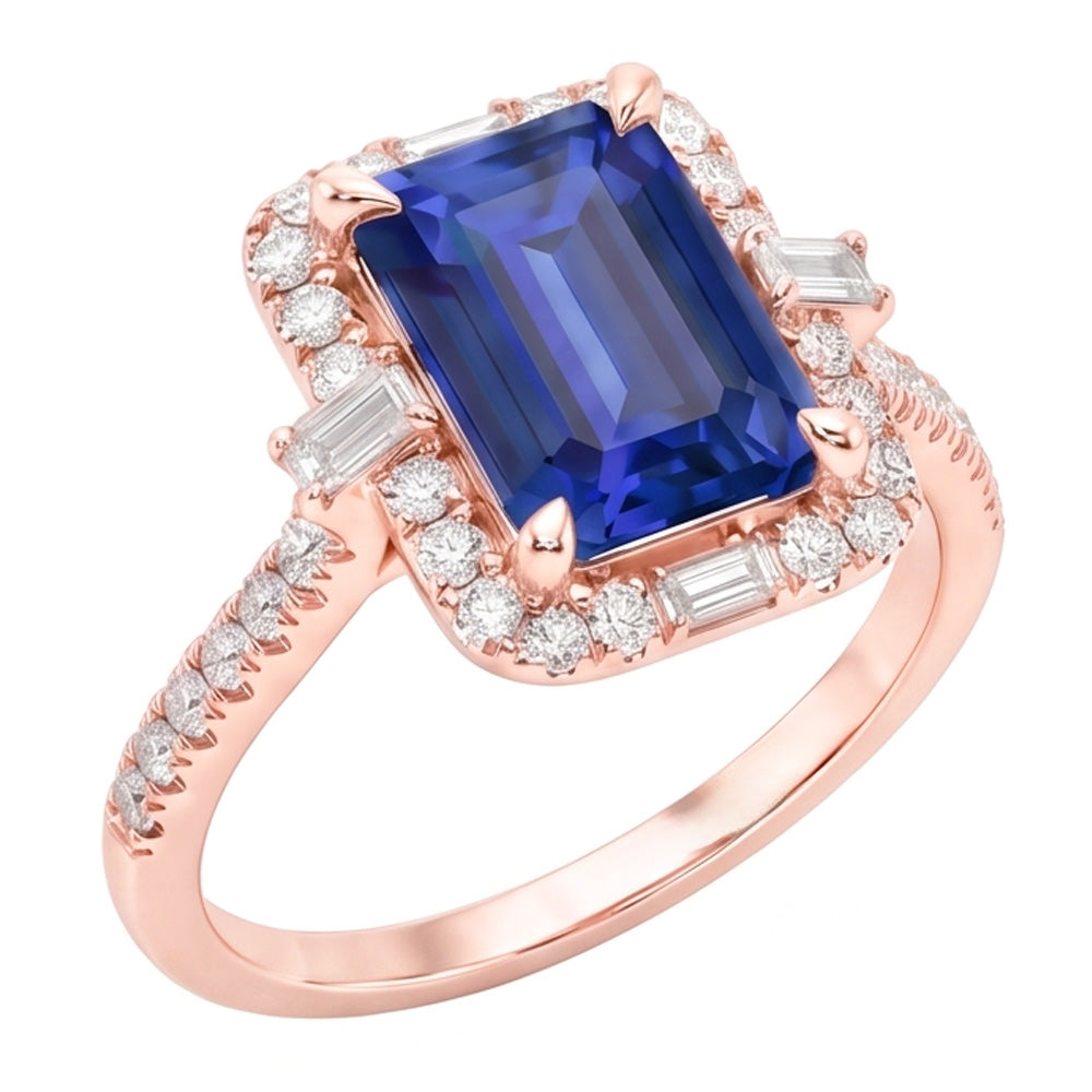 Halo Rose Gold Ring Emerald Blue Sapphire & Natural Earth Mined Diamonds 3 Carats