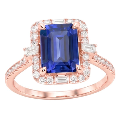 Halo Rose Gold Ring Emerald Blue Sapphire & Natural Earth Mined Diamonds 3 Carats