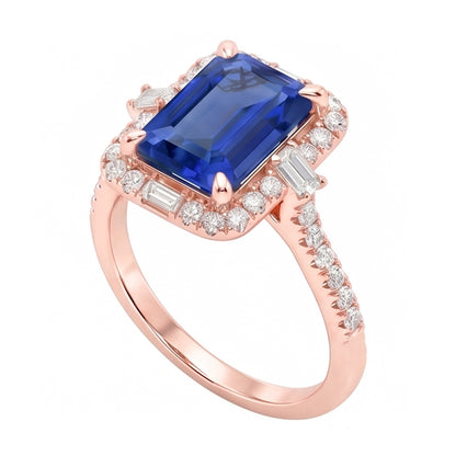 Halo Rose Gold Ring Emerald Blue Sapphire & Natural Earth Mined Diamonds 3 Carats