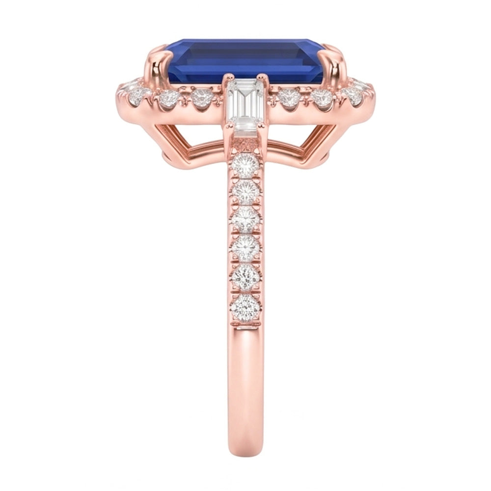 Halo Rose Gold Ring Emerald Blue Sapphire & Natural Earth Mined Diamonds 3 Carats
