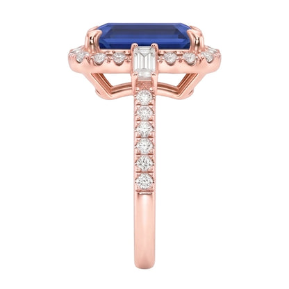 Halo Rose Gold Ring Emerald Blue Sapphire & Natural Earth Mined Diamonds 3 Carats