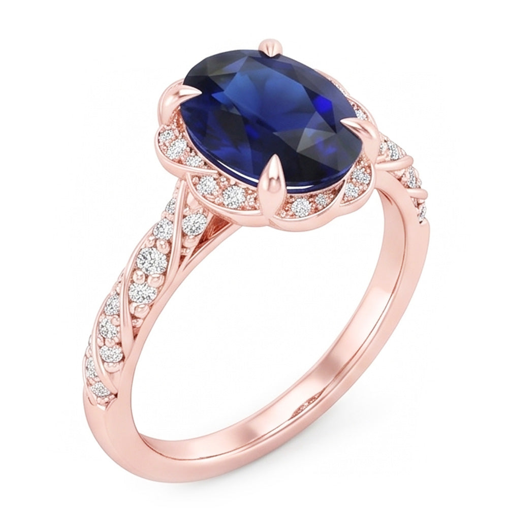 Halo Rose Gold Ring Twist Style Ceylon Sapphire & Natural Earth Mined Diamonds 3.50 Carats