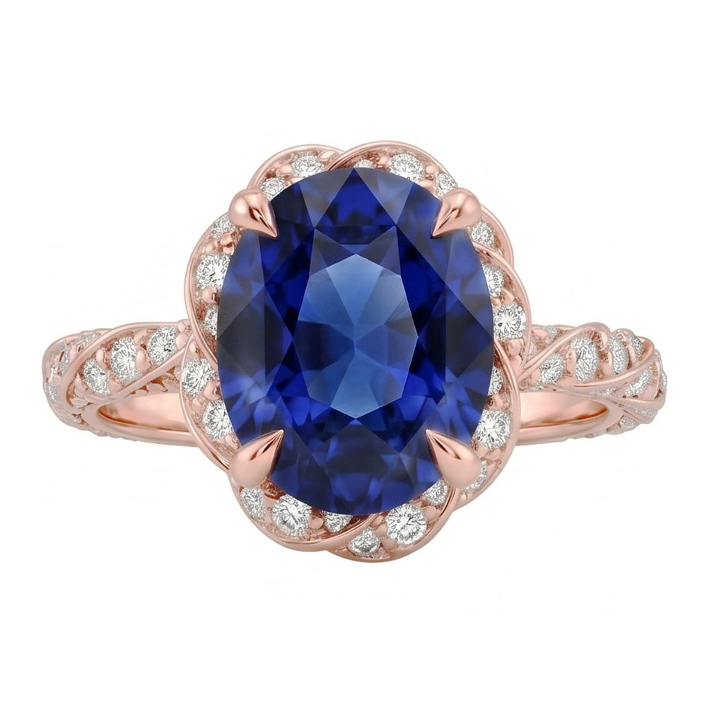 Halo Rose Gold Ring Twist Style Ceylon Sapphire & Natural Earth Mined Diamonds 3.50 Carats