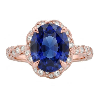 Halo Rose Gold Ring Twist Style Ceylon Sapphire & Natural Earth Mined Diamonds 3.50 Carats