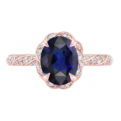 Halo Rose Gold Ring Twist Style Ceylon Sapphire & Natural Earth Mined Diamonds 3.50 Carats