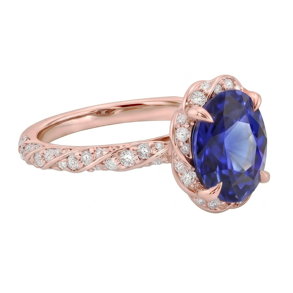Halo Rose Gold Ring Twist Style Ceylon Sapphire & Natural Earth Mined Diamonds 3.50 Carats