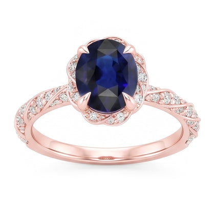 Halo Rose Gold Ring Twist Style Ceylon Sapphire & Natural Earth Mined Diamonds 3.50 Carats