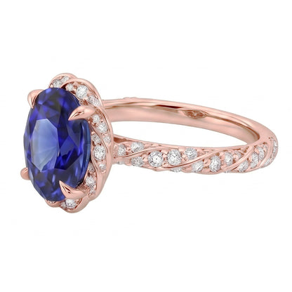 Halo Rose Gold Ring Twist Style Ceylon Sapphire & Natural Earth Mined Diamonds 3.50 Carats
