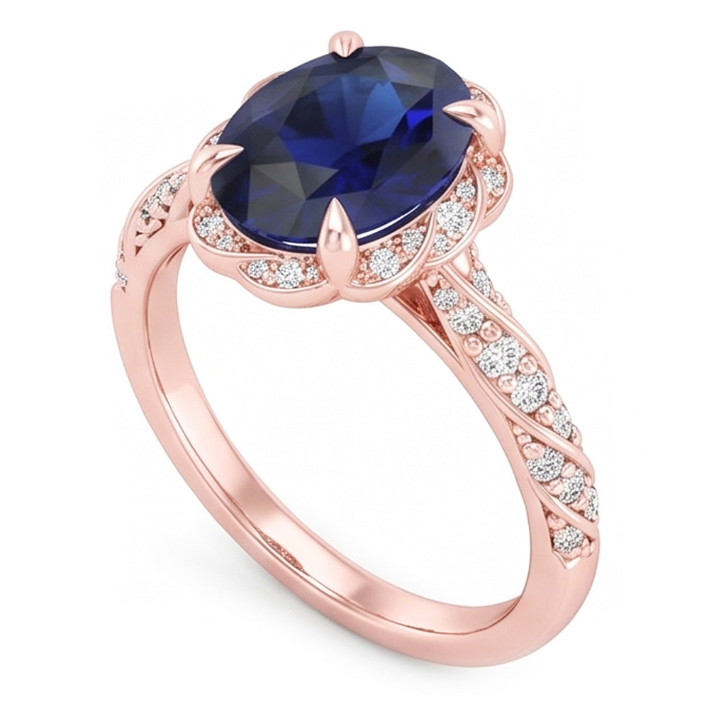 Halo Rose Gold Ring Twist Style Ceylon Sapphire & Natural Earth Mined Diamonds 3.50 Carats