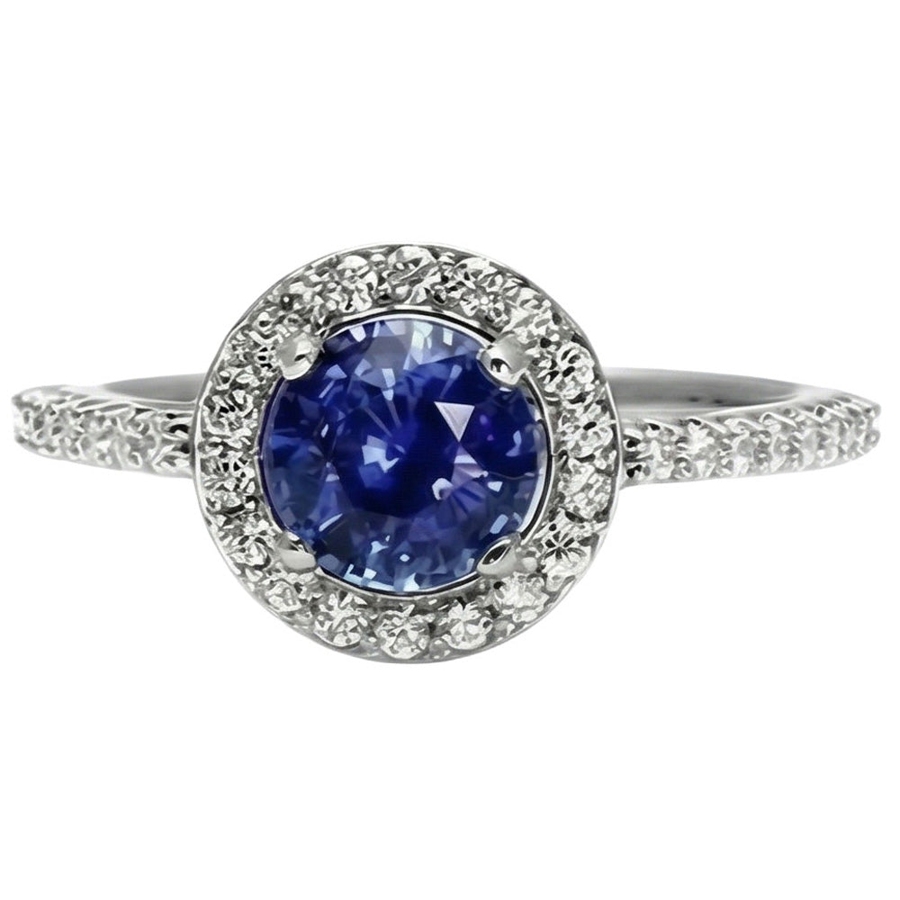 Halo Round Ceylon Sapphire Natural Earth Mined Diamond Ring White Gold 14K