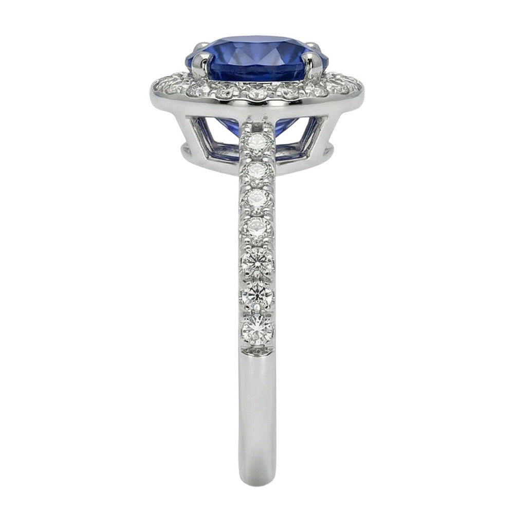 Halo Round Ceylon Sapphire Natural Earth Mined Diamond Ring White Gold 14K