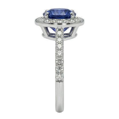 Halo Round Ceylon Sapphire Natural Earth Mined Diamond Ring White Gold 14K