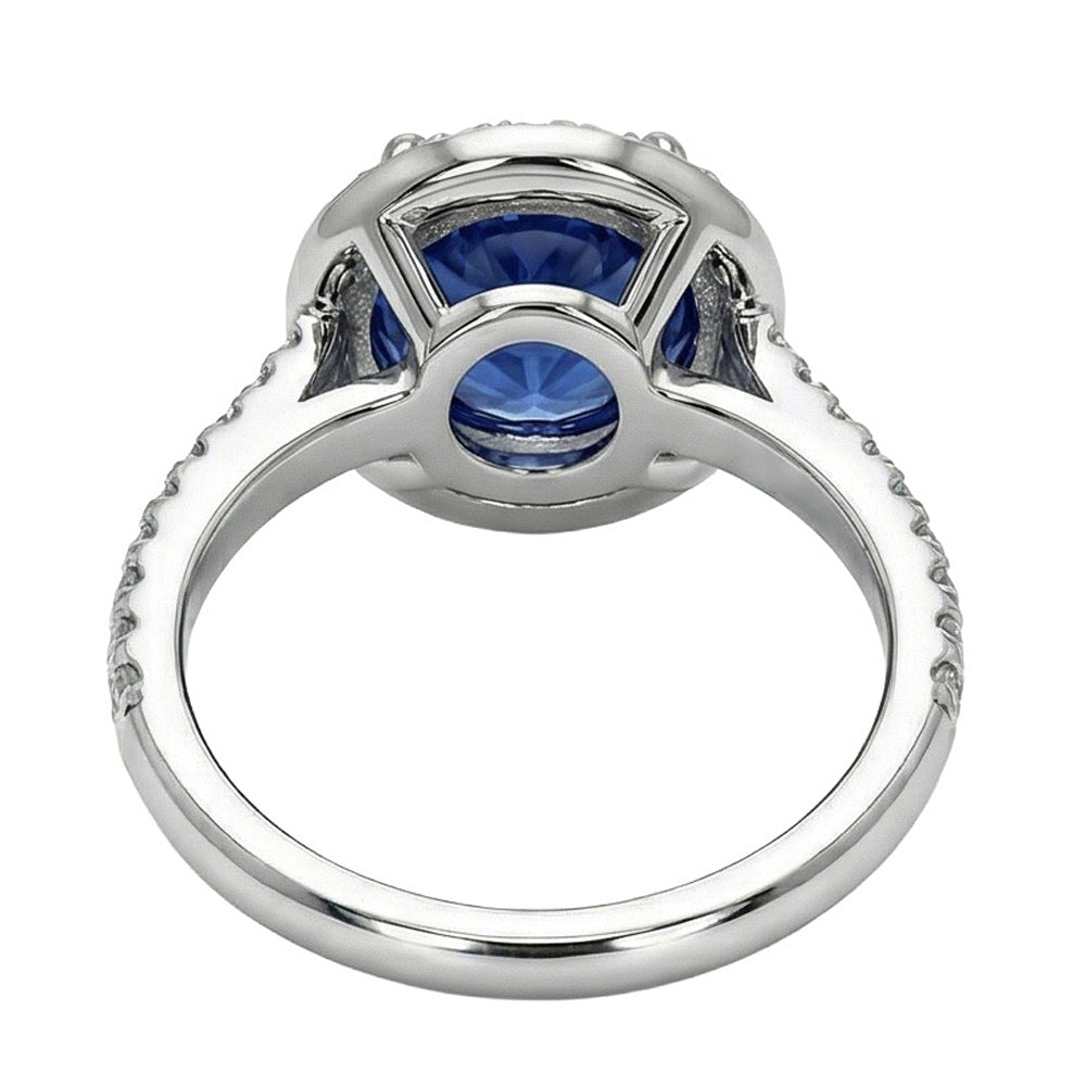 Halo Round Ceylon Sapphire Natural Earth Mined Diamond Ring White Gold 14K