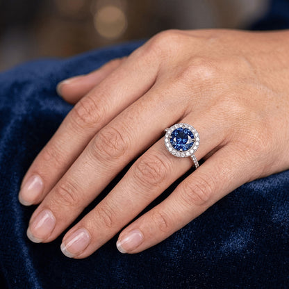 Halo Round Ceylon Sapphire Natural Earth Mined Diamond Ring White Gold 14K