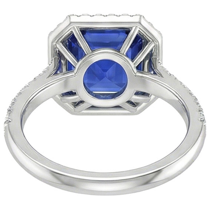 Halo Round Natural Earth Mined Diamond & Asscher Cut Blue Sapphire Ring 5.75 Carats New