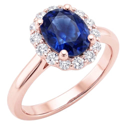 Halo Round Natural Earth Mined Diamond & Oval Ring Sri Lankan Sapphire 3.50 Carats