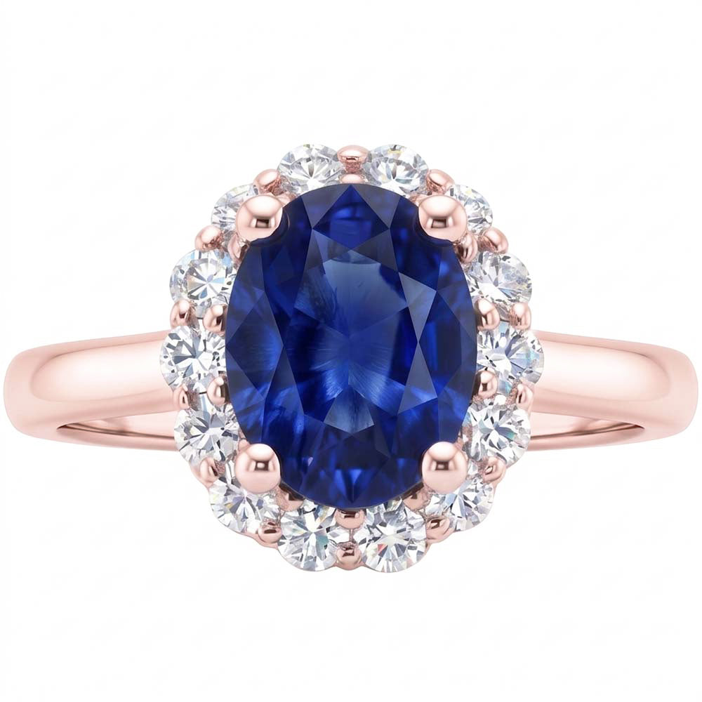 Halo Round Natural Earth Mined Diamond & Oval Ring Sri Lankan Sapphire 3.50 Carats